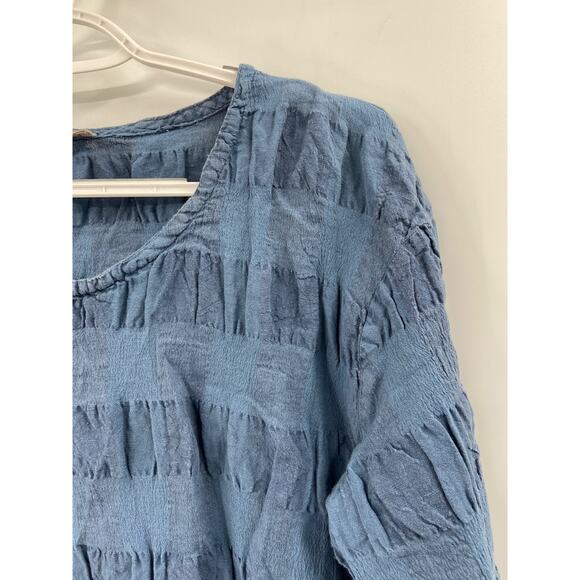 Flax Blue Jay Puckered Striped 3/4 Sleeve Scoop Round Neck Linen Top Size P - Picture 4 of 6